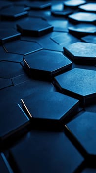 Geometric hexagonal tiles cover the surface, showcasing a range of shades from deep blue to black. The interplay of light casts mesmerizing shadows, enhancing the texture of the tiles.