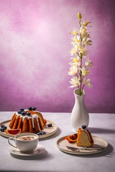 Gugelhupf cake with icing, blueberries, and blood orange slices served with cappuccino and decorated with white orchid flowers