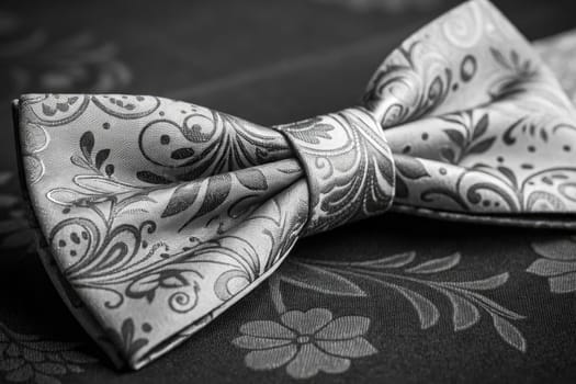 A beautifully crafted bow tie features intricate patterns in shades of gray. This accessory lies elegantly on a dark surface adorned with floral designs, showcasing its luxurious appeal.