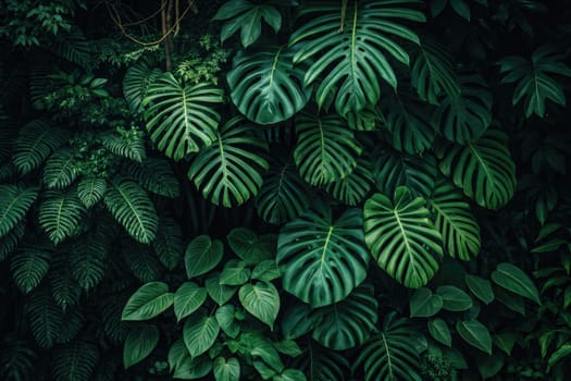 Dense foliage fills the view, showcasing a variety of lush green leaves in multiple shapes and sizes. This thriving plant life offers a vibrant and serene atmosphere, perfect for nature lovers.