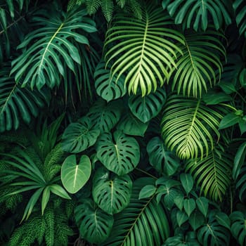 An array of diverse tropical leaves fills the view, showcasing a rich blend of green shades. The foliage thrives in a humid environment, capturing the essence of a lively forest ecosystem.