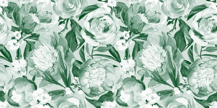 Botanical seamless pattern with peonies and sakura branches drawn in gouache for textile and design