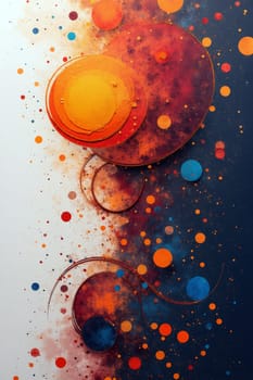 This abstract artwork showcases a composition of circles and dots in vivid shades of orange, blue, and red, evoking a cosmic atmosphere. Generative AI.