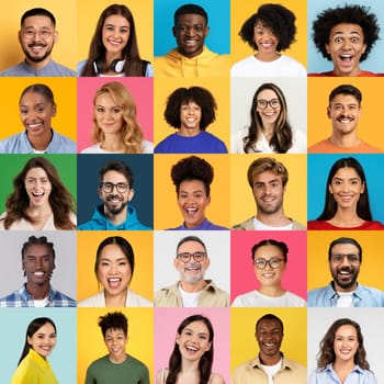 A colorful collage showcases cheerful individuals from various backgrounds, each expressing joy and positivity. The collection highlights the beauty of diversity in lifestyle and youthfulness.