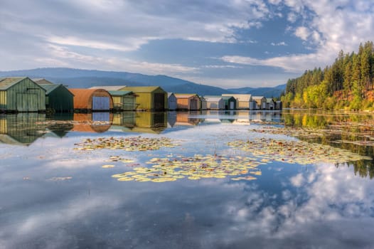 The boat garages in Heyburn State park in Idaho on the northwest side of Chatcolet Lake.