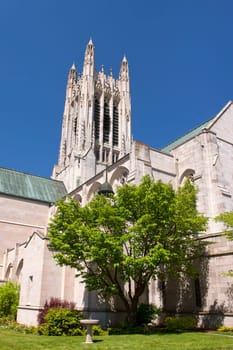 The beautiful exterior of the gothic style St. Johns Church in Spokane, Washington.