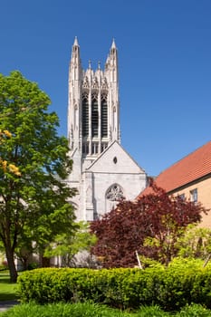 The beautiful exterior of the gothic style St. Johns Church in Spokane, Washington.