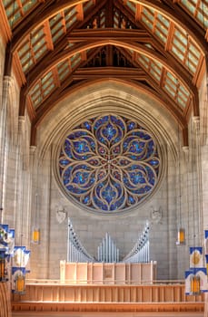 The interior wall and famous pipe organ inside St Johns church in Spokane, Washington.