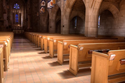 The wooden pews inside St Johns Church in Spokane, Washington.