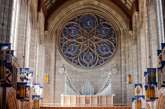 The interior wall and famous pipe organ inside St Johns church in Spokane, Washington.