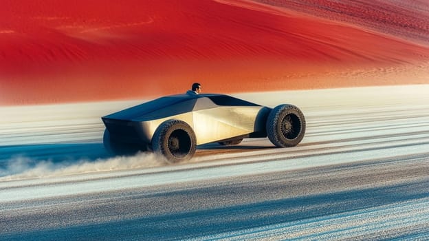 Modern car speeds through an alien landscape, kicking up dust on red sand dunes. The futuristic vehicle exudes power and luxury, embodying cutting edge design