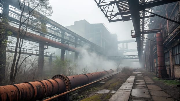 An eerie landscape shows decaying factories enveloped in thick fog. Rusted pipes line the path, surrounded by overgrown vegetation, revealing the aftermath of environmental neglect and pollution.