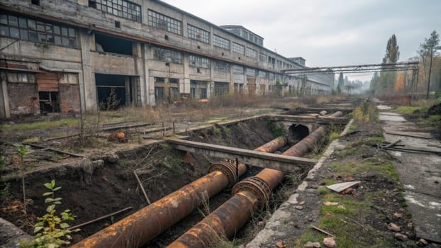 A desolate industrial site reveals large rusted pipes and overgrown vegetation, emphasizing ecological devastation and pollution. The former factory buildings loom in the background under a gray sky.