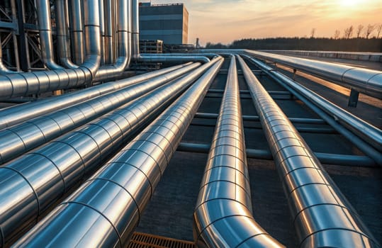 Gleaming metallic pipes stretch across rooftops, reflecting the warm glow of the setting sun. This industrial setup showcases advanced engineering in a bustling urban environment.