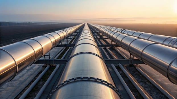 Metal pipelines extend into the horizon, reflecting the soft glow of early morning light over a vast industrial area. The landscape combines modern technology and natural beauty.