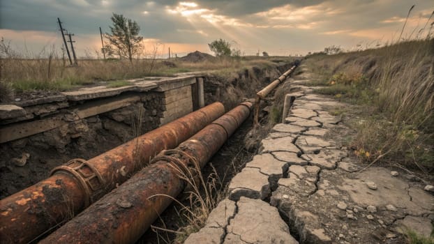 Cracked earth and rusted pipelines dominate a barren setting, highlighting ecological damage and pollution. Neglected infrastructure under a moody sky signals decay and environmental crisis.