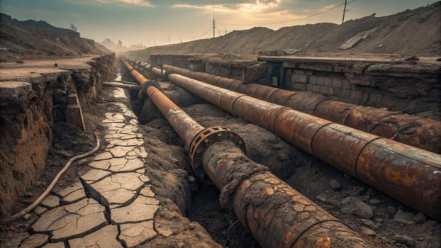 In a barren, desolate setting, rusted pipes lay exposed along cracked earth, showcasing the severe impact of environmental neglect. The sky is overcast, hinting at a troubled future.