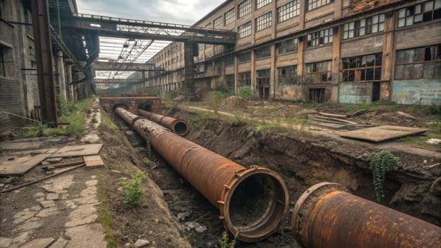Once a thriving industrial complex, now abandoned and overrun by nature, revealing rusted pipes and environmental decay. The landscape illustrates the consequences of pollution and ecological neglect.