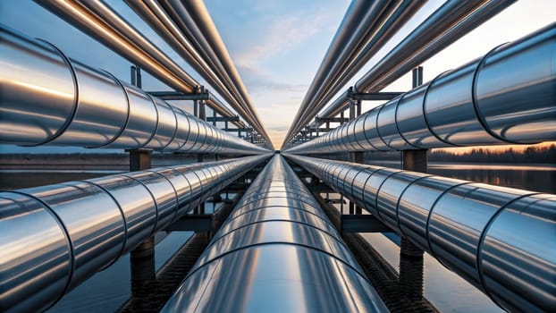 Steel pipelines run parallel along a waterway, reflecting the golden hues of the sunset. The industrial setup showcases advanced engineering and modern infrastructure in operation.