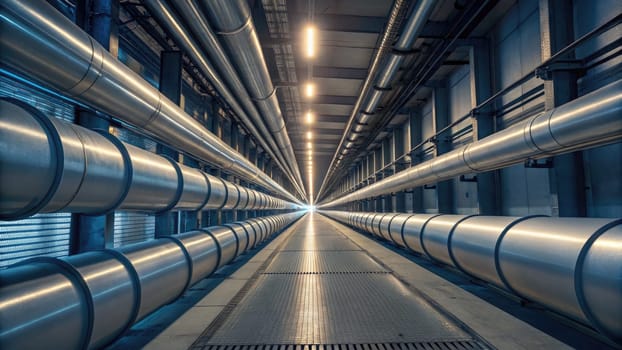 Long corridor features shiny metal pipes lining the walls, creating a futuristic atmosphere. Bright overhead lights illuminate the path, emphasizing the depth and structure of the industrial design.
