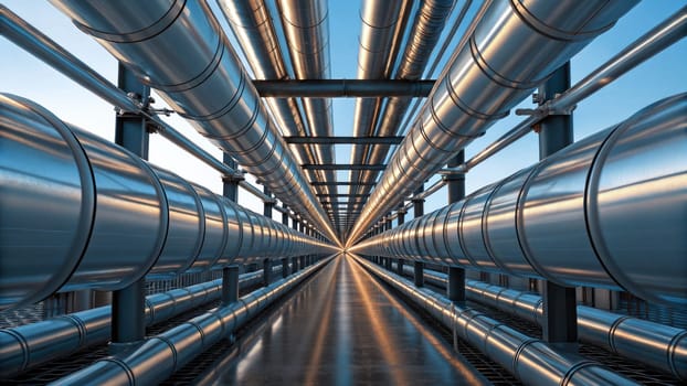 Long metal pipes align perfectly, showcasing modern industrial design in a vast facility under clear skies. This structure highlights efficient manufacturing and transport processes.