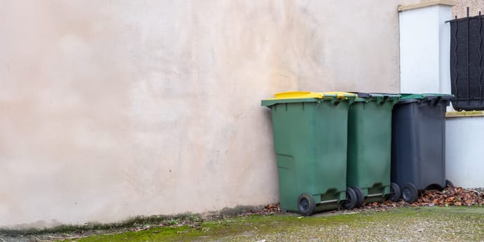 Different colored waste bins are neatly arranged along the side of a residential street. These containers include black, green, blue, and yellow bins for recycling and waste disposal.
