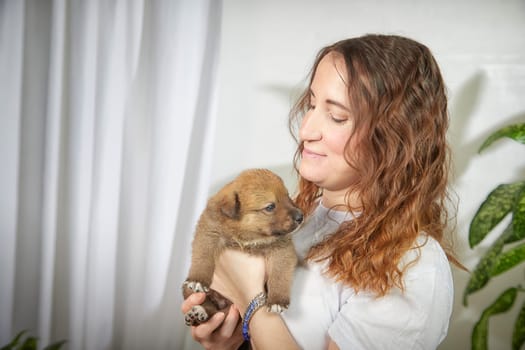 A mother enjoys a moment with her daughter as they cuddle a tiny brown puppy, enjoying their time together in a warm atmosphere.