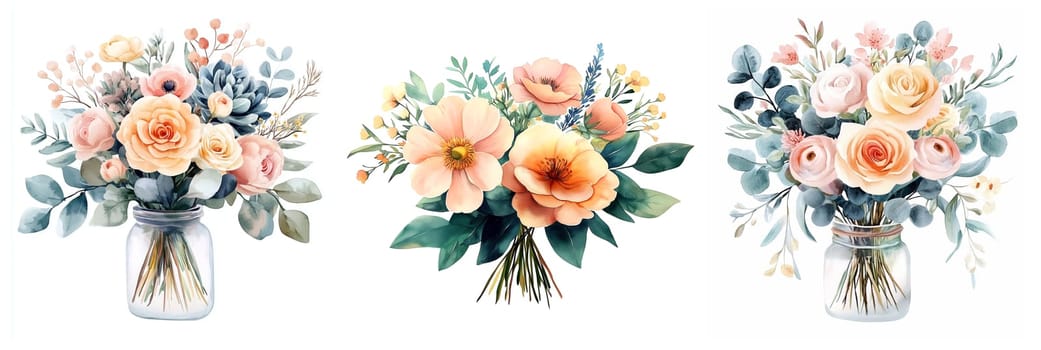 Colorful bouquets are elegantly arranged in glass jars filled with various flowers including roses and greenery. The soft palette adds a serene touch, perfect for decoration or gifting.
