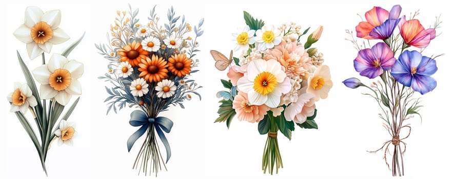 A collection of four stunning floral arrangements showcases various flowers in vibrant hues, complete with delicate details and lush foliage, ideal for spring decorations or gifts.