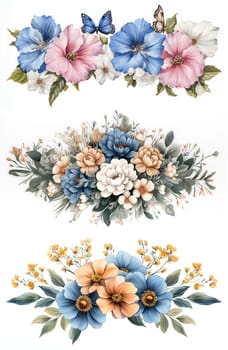 Delicate blooms in shades of blue, pink, and white create three stunning floral arrangements. Butterflies rest on the flowers, adding a whimsical touch to the vibrant display of nature.