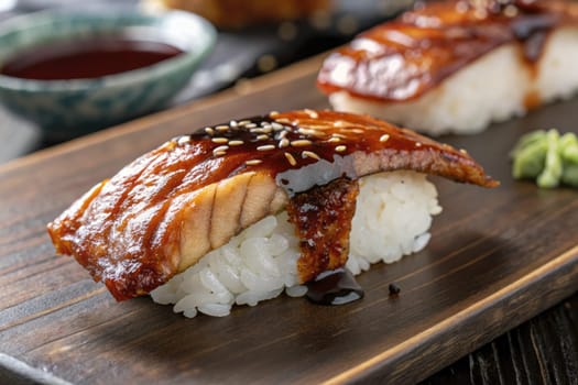 Grilled eel sushi is presented on a wooden platter, drizzled with sweet sauce and garnished with sesame seeds. Wasabi and soy sauce accompany the dish, enhancing the culinary experience.