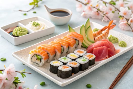 A vibrant assortment of sushi presented on a white plate features salmon, tuna, shrimp, and vegetables, accompanied by wasabi, soy sauce, and mayonnaise. Cherry blossoms add a delicate touch.