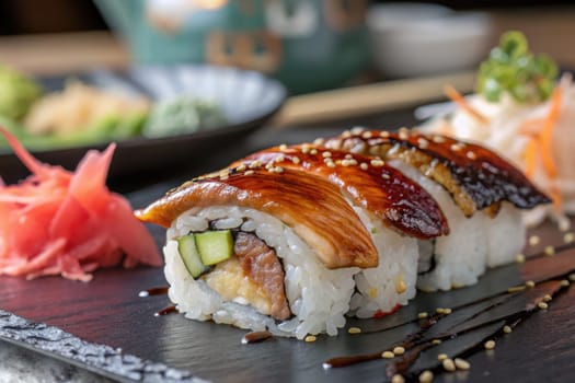 A beautifully arranged sushi platter features an assortment of colorful rolls, garnished with pickled ginger and vegetables. The elegant presentation highlights the artistry of sushi making.