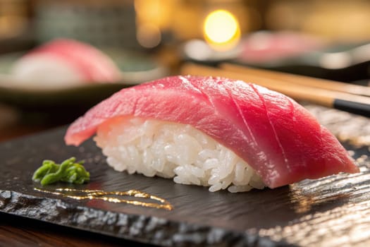 Fresh tuna placed delicately on a bed of perfectly cooked rice, served on a sleek black stone plate. A sophisticated atmosphere is enhanced by soft lighting in the background.