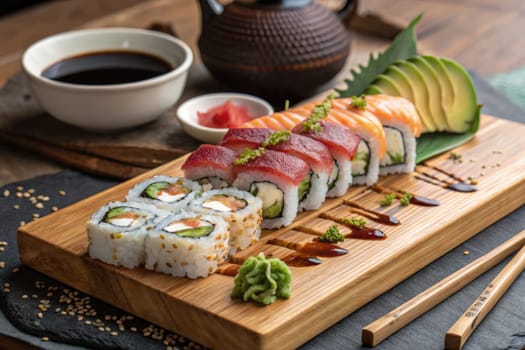 A beautifully arranged sushi platter features assorted rolls, fresh fish, wasabi, and pickled ginger. This culinary delight is presented on a wooden board, alongside soy sauce for dipping.