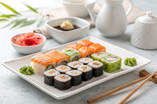 A colorful assortment of sushi is presented on a white plate, showcasing different types of rolls and sashimi. Accompanying condiments include wasabi and pickled ginger in small bowls.