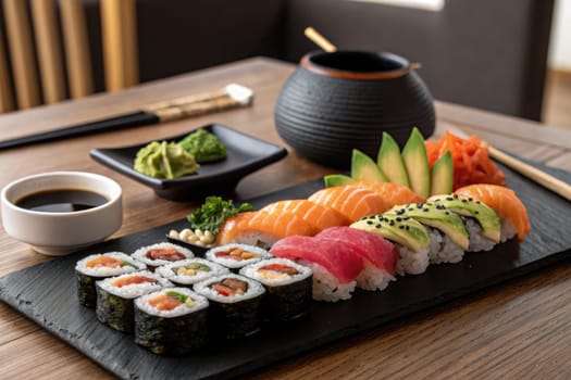 An elaborate sushi platter displays an assortment of sushi rolls made with fresh fish, including salmon, tuna, and avocado.