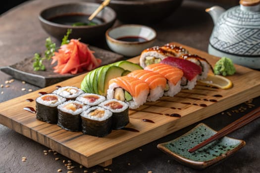 A beautifully arranged sushi platter showcases an assortment of fresh sushi rolls, sashimi, pickled ginger, and condiments.
