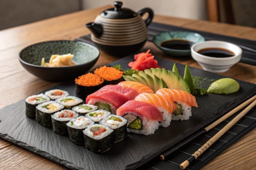A beautifully arranged sushi platter features different types of sushi, including rolls and sashimi, served on a stone board alongside a traditional tea set and condiments like soy sauce and wasabi.
