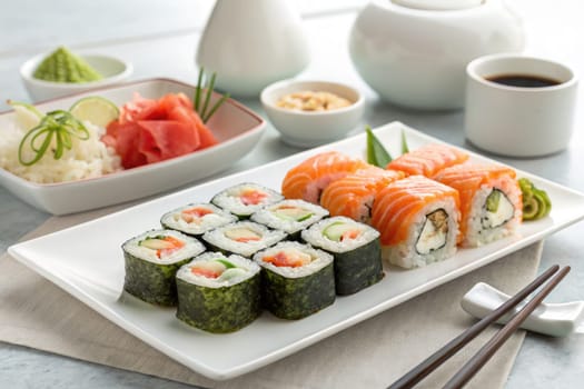 A beautifully arranged sushi platter features various rolls including salmon and vegetable options. Accompanying condiments like wasabi, pickled ginger, and soy sauce are present on the table.