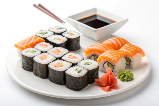 A beautifully arranged sushi platter includes assorted rolls with salmon, vegetables, and rice accompanied by a small bowl of soy sauce. Pickled ginger and wasabi complete the presentation.