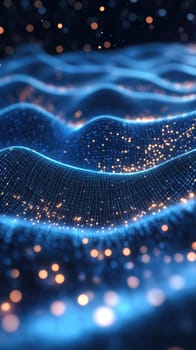 Intricate patterns of waves undulate with bright glowing particles scattered throughout the blue background, creating a mesmerizing visual effect resembling digital art or sound waves.