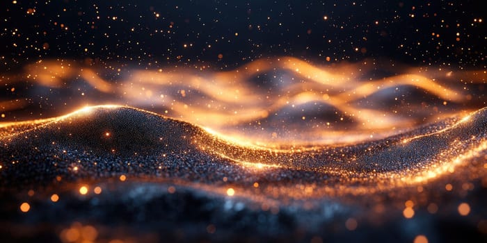 A view of luminous particles swirling and shimmering above dark hills, resembling a magical landscape at twilight. The vibrant lights create a captivating atmosphere.