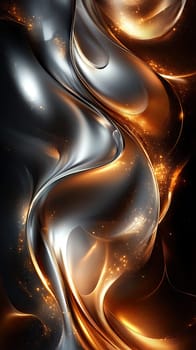 Colorful swirls of orange and silver merge seamlessly against a dark backdrop, creating an alluring, dynamic abstract design that captures movement and light.