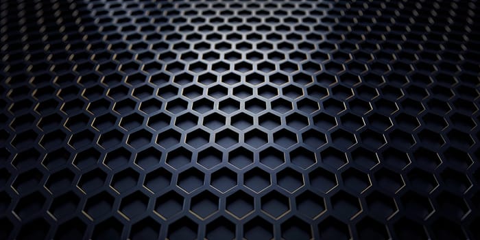 A close-up view reveals a series of hexagonal shapes creating a textured pattern on a smooth, dark surface, highlighting minimalist design in architecture or product design.