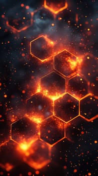 This artwork showcases glowing hexagons engulfed in flames, surrounded by dynamic particles that shimmer in a dark background. The vibrant colors create an energetic and abstract atmosphere.