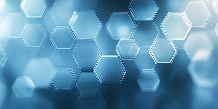A collection of translucent hexagons overlays in shades of blue, forming a captivating abstract pattern. This design adds depth and enhances a modern aesthetic for digital environments.