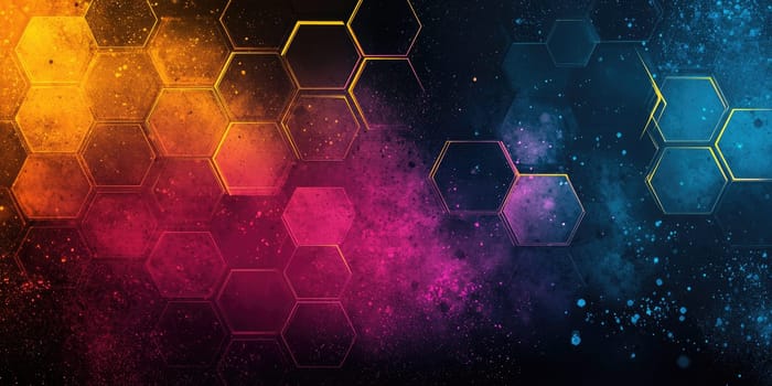 Vibrant hexagonal shapes fill the background with shades of orange, pink, and blue. This abstract design creates a dynamic visual experience suitable for various artistic applications.