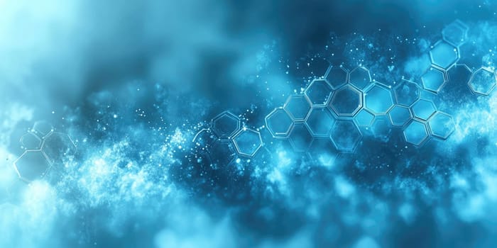 Colorful hexagonal shapes float through an ethereal blue background, creating a dynamic and lively atmosphere. Soft light glimmers as textures intermingle, enhancing the sense of depth.