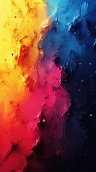 Vibrant abstract artwork featuring a blend of warm orange and red tones transitioning into cool blue and purple shades, showcasing layered textures and playful splatters.